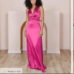 NWT Revelry Dylan Satin Dress Malibu Pink Petite maxi 41 in waist to hem size 0